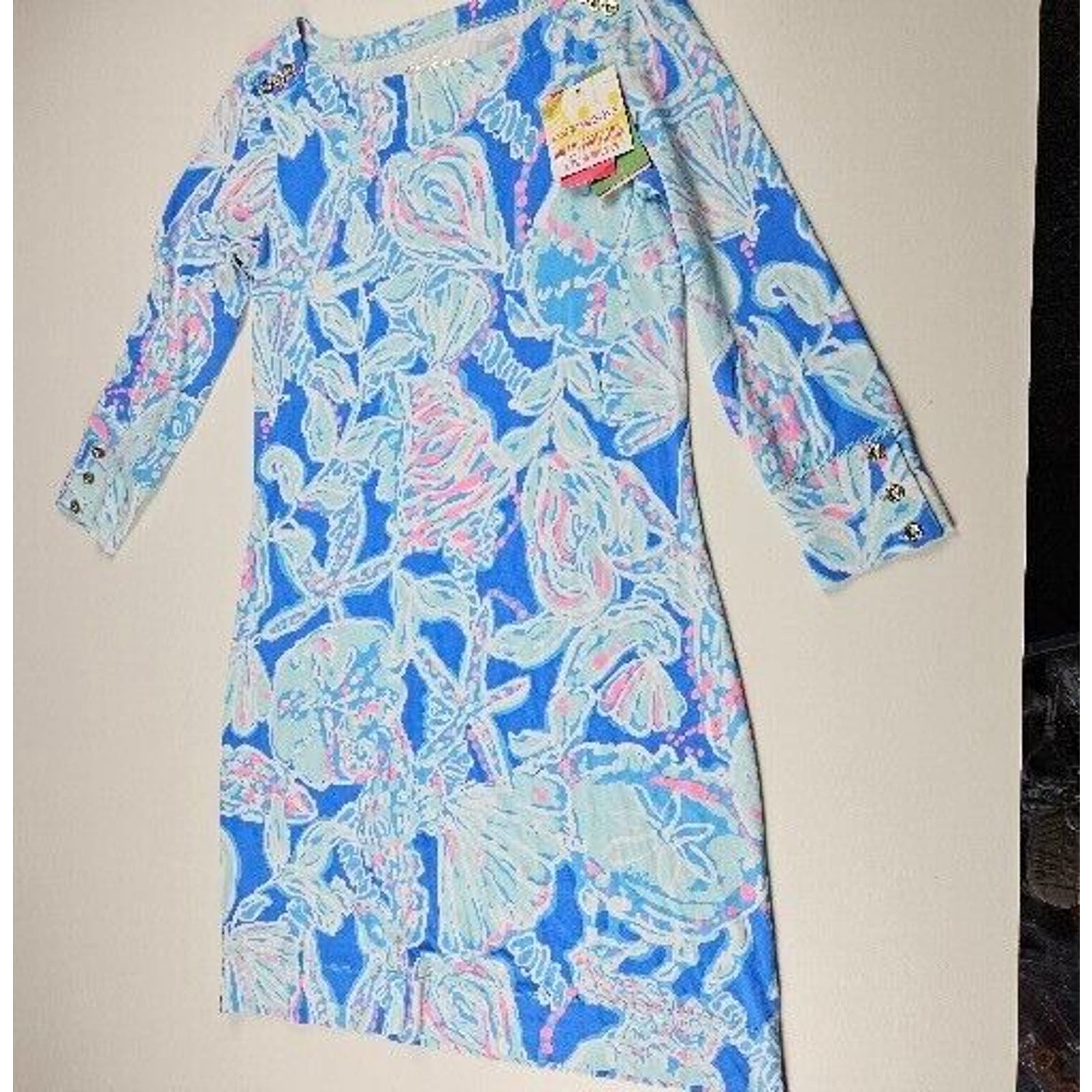 New Lilly Pulitzer Upf 50 + Sophie Dress Bay Blue Pink Into The Deep Xs